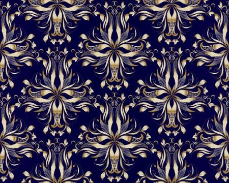 Gold vintage damask seamless pattern. Floral vector dark blue patterned  back Stock Illustration