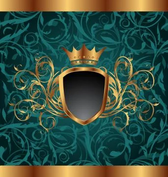 Gold vintage frame with heraldic elements (crown, shield), seamless floral te Stock Illustration