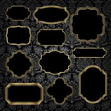 Gold Vintage Frames on Damask Background Stock Illustration