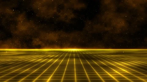 Gold virtual stage grid radiant horizon line, sparkling particles, and deep dark Stock Footage 340564214