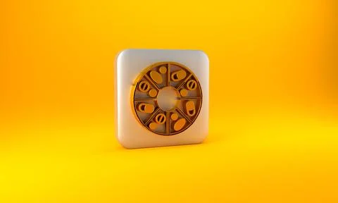 Gold Vitamin complex of pill capsule icon isolated on yellow background. Heal Stock Illustration