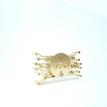 Gold VPN in circle with microchip circuit icon isolated on white background.  库存插图