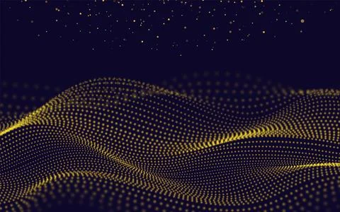 Gold Waves With Particles on Dark Background. Futuristic Lines of Many Dots Illustrazione stock