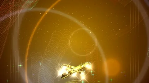 Gold wedding background with rotating rings and flying hearts Видео 65819976