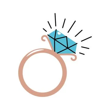 Gold wedding ring with diamond in flat cartoon style. Finger decoration on wh Stock Illustration