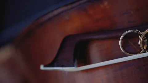 Gold Wedding Rings macro closeup on bow for violin on a musical instrument Vídeo Stock 114493136