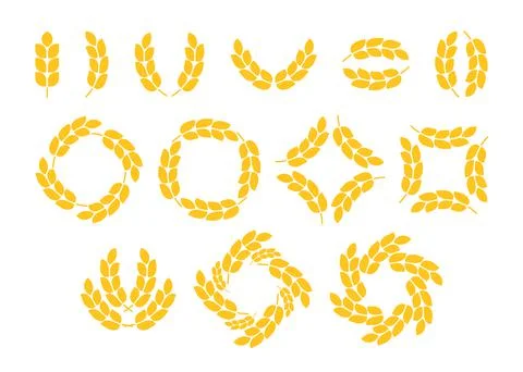 Gold wheat grain ear set, circle wreath frame. Icon whole bread grains, wheat Stock Illustration