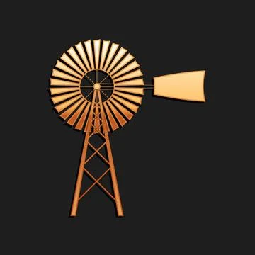 Gold Windmill icon isolated on black background. Long shadow style. Vector Illustrazione stock