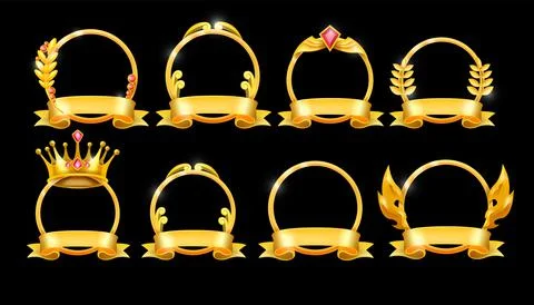 Gold winner frame set, king crown on black, vector award laurel wreath kit Illustrazione stock
