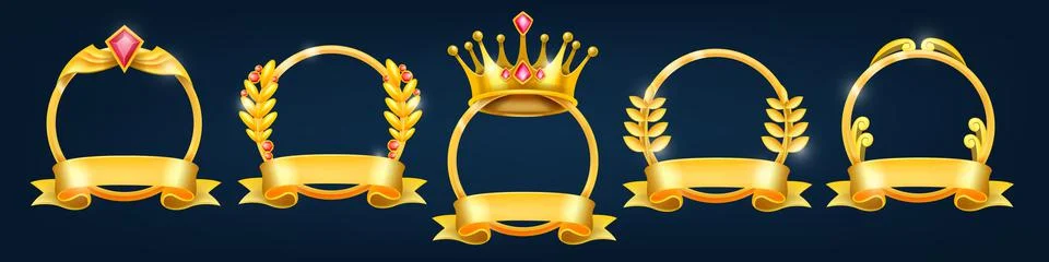 Gold winner frame set, vector award laurel wreath kit, circle trophy emblem Illustrazione stock