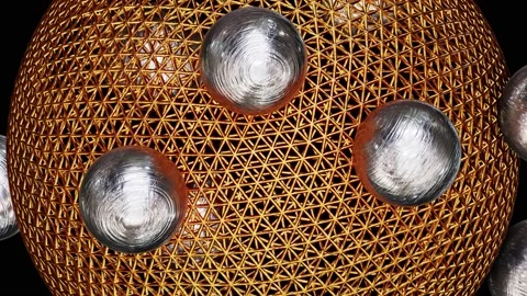 Gold wireframe sphere with small stainless steel spheres looping 3D animation Stock Footage 196826299