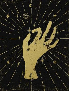 Gold witch's hand with light rays and symbols of the elements of the cosmos Stock Illustration