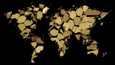 Gold world map explodes into small pieces - isolated on black background (4K) Video stock 103168857