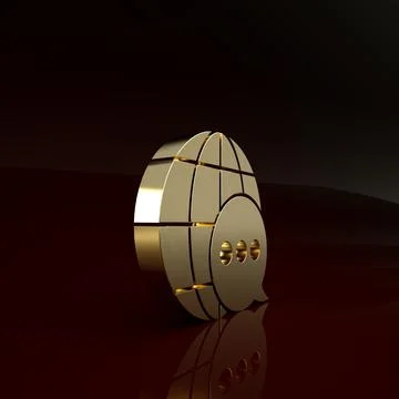 Gold World map made from speech bubble icon isolated on brown background. Glo 스톡 일러스트