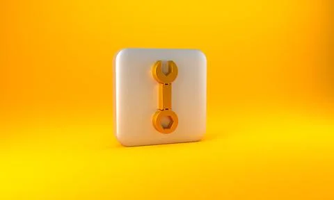 Gold Wrench spanner icon isolated on yellow background. Silver square button. 3D Illustrazione stock