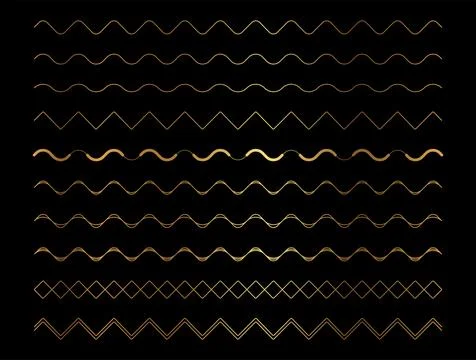 Gold Zigzag Wave Line Border Frame Element Set on Black Background Stock Illustration