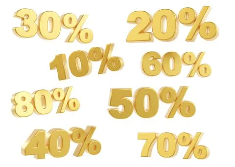 Golden 10, 20, 30, 40, 50, 60, 70, 80 percent discount signs isolated on white Stock Illustration