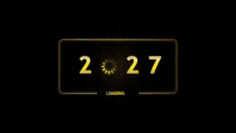 Golden 2027 loading screen with spinning progress wheel on black graphic ba.. 库存影片 343658748