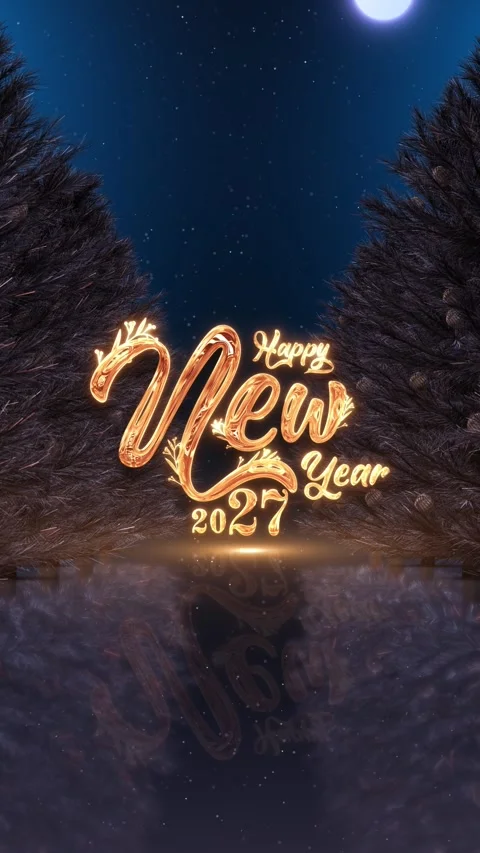 Golden 2027 New Year Vertical Poster with Snow and Pine Forest Stock Footage 342632368