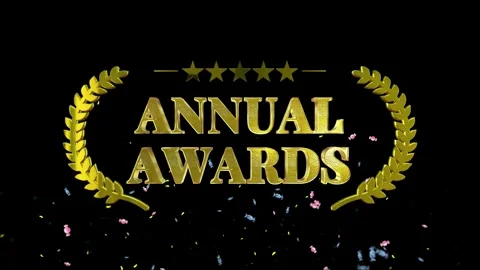Golden 3D Annual Awards text animation with falling confetti on a black Stock Footage 346207837
