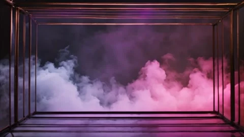 Golden 3D frames on a dark background, dry ice smoke moving in the background Stock Footage 273954244