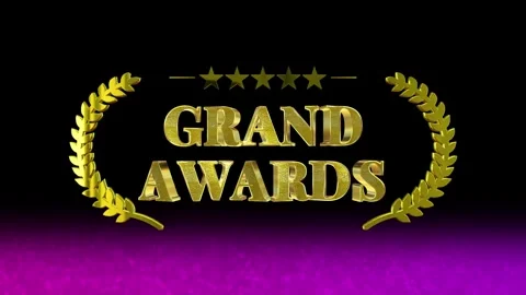 Golden 3D Grand Awards text with laurel wreath icon rotating against a dark Stock Footage 346343058