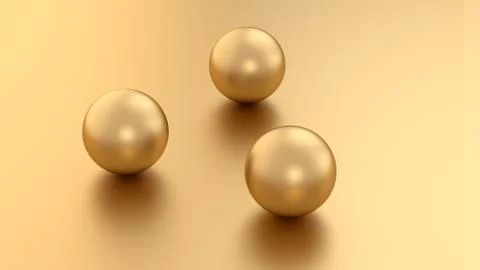 Golden 3d render sphere balls on metal background with reflection. Modern luxury Stock Illustration