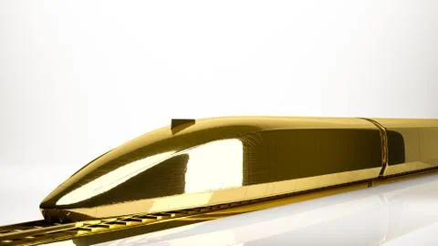 Golden 3d rendering of a fast train inside a studio Stock Illustration