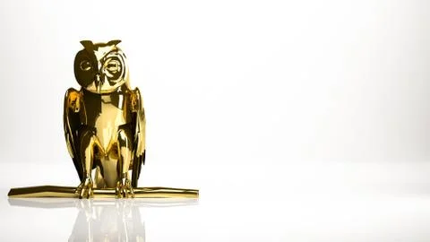 Golden 3d rendering of an Owl inside a studio Stock-Illustration