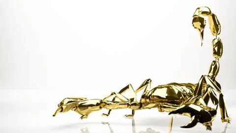 Golden 3d rendering of a scorpion inside a studio Illustrazione stock