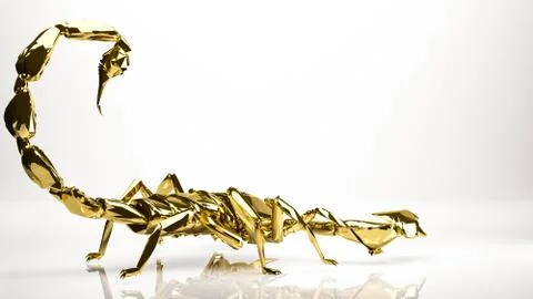 Golden 3d rendering of a scorpion inside a studio Illustrazione stock