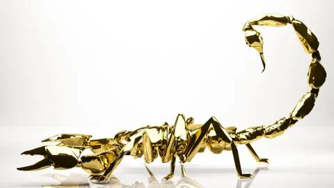 Golden 3d rendering of a scorpion inside a studio Illustrazione stock