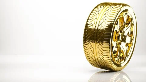 Golden 3d rendering of a wheel inside a studio Stock Illustration