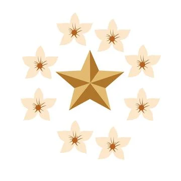 Golden 3D Star Surrounded by Elegant Jasmine Flower Circle, Minimalist Floral St Stock Illustration