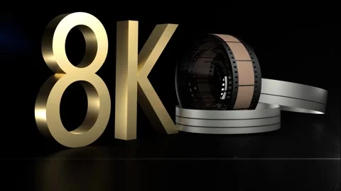 Golden 8K video resolution text with filmstrip can animation Stock Footage 332702096