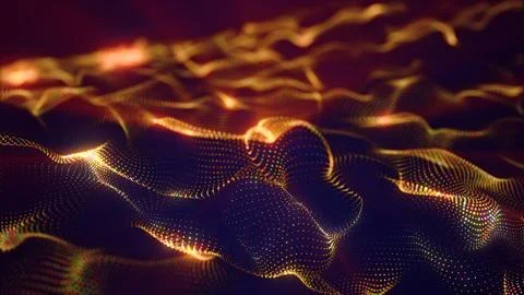 Golden abstract digital mesh wave with glowing particles, warm light trails.. Stock Illustration