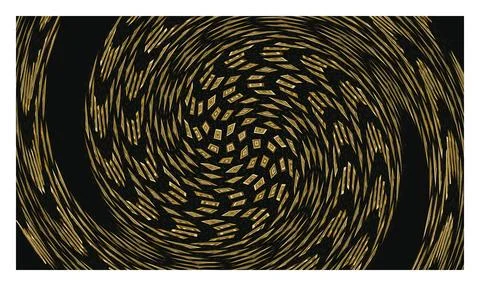 Golden abstract vortex swirl pattern with diamond shapes and black background Stock Illustration