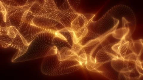 Golden abstract wave structure made of light particles floating over a deep r Stock Photos