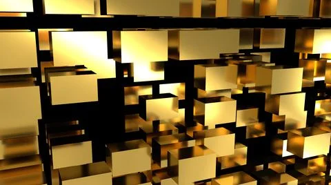 Golden abstraction with lots of flying rectangular cubes.  Stock Illustration
