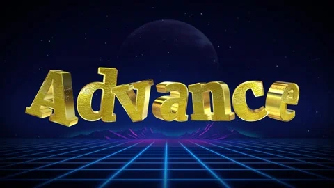 Golden advance text animation over retro synthwave grid background with glowing 库存影片 344714880