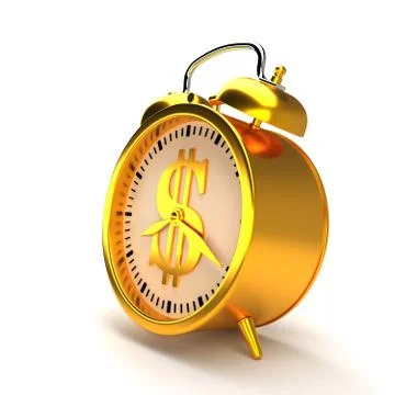 Golden alarm clock. 3D rendering. Stock Illustration