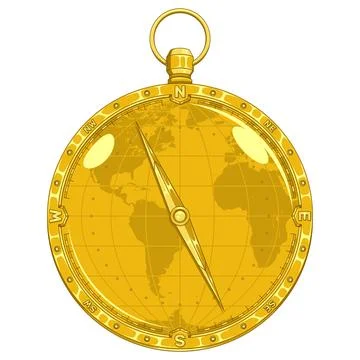 Golden ancient compass on world map Stock Illustration