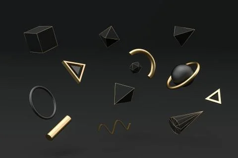 Golden and black abstract objects, 3d rendering. Stock Illustration