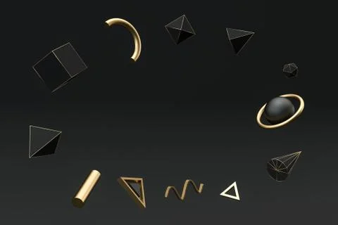 Golden and black abstract objects, 3d rendering. Stock Illustration