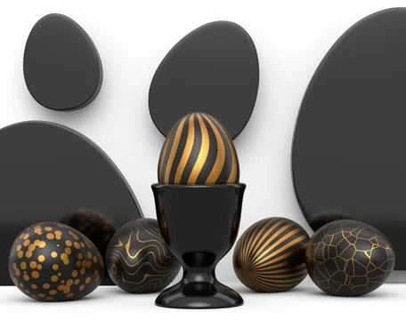 Golden and black Easter egg on podium and scattered eggs on white background Stock Illustration