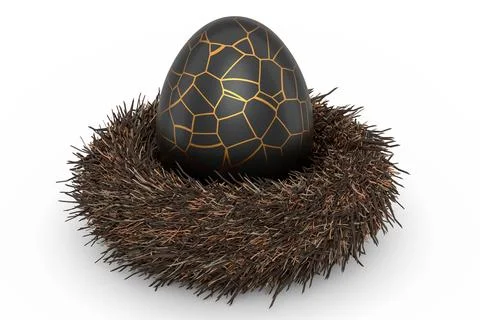 Golden and black Easter egg in bird nest isolated on white background. 스톡 일러스트