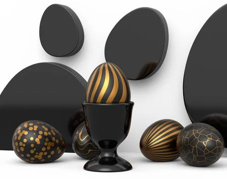 Golden and black Easter egg on podium and scattered eggs on white background Stock Illustration