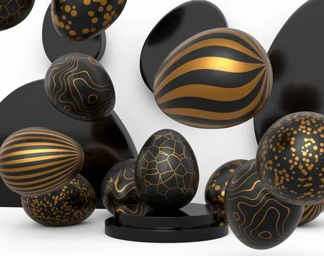 Golden and black Easter egg on podium and scattered eggs on white background Stock Illustration