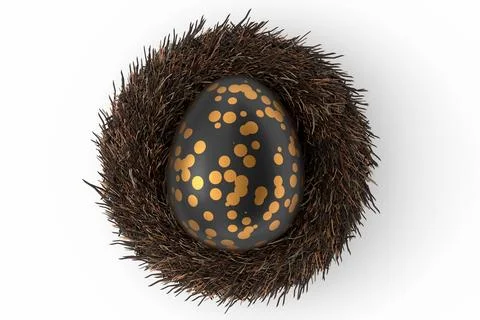 Golden and black Easter egg in bird nest isolated on white background. Stock Illustration