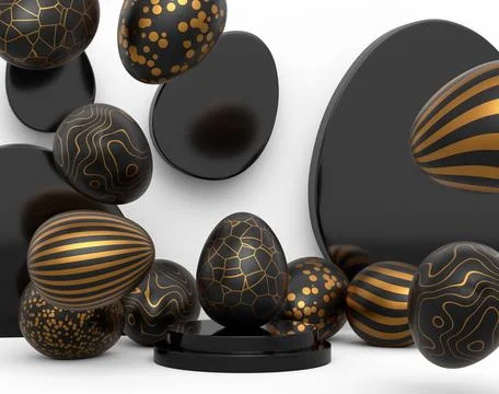 Golden and black Easter egg on podium and scattered eggs on white background Stock Illustration